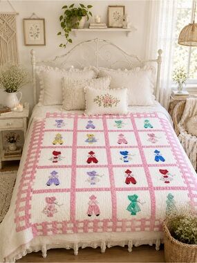 Handmade Vintage Pink Patchwork Sunbonnet Sue Quilt - Multicolor